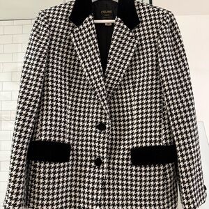 Celine Black & White Houndstooth Velvet-Trim Blazer